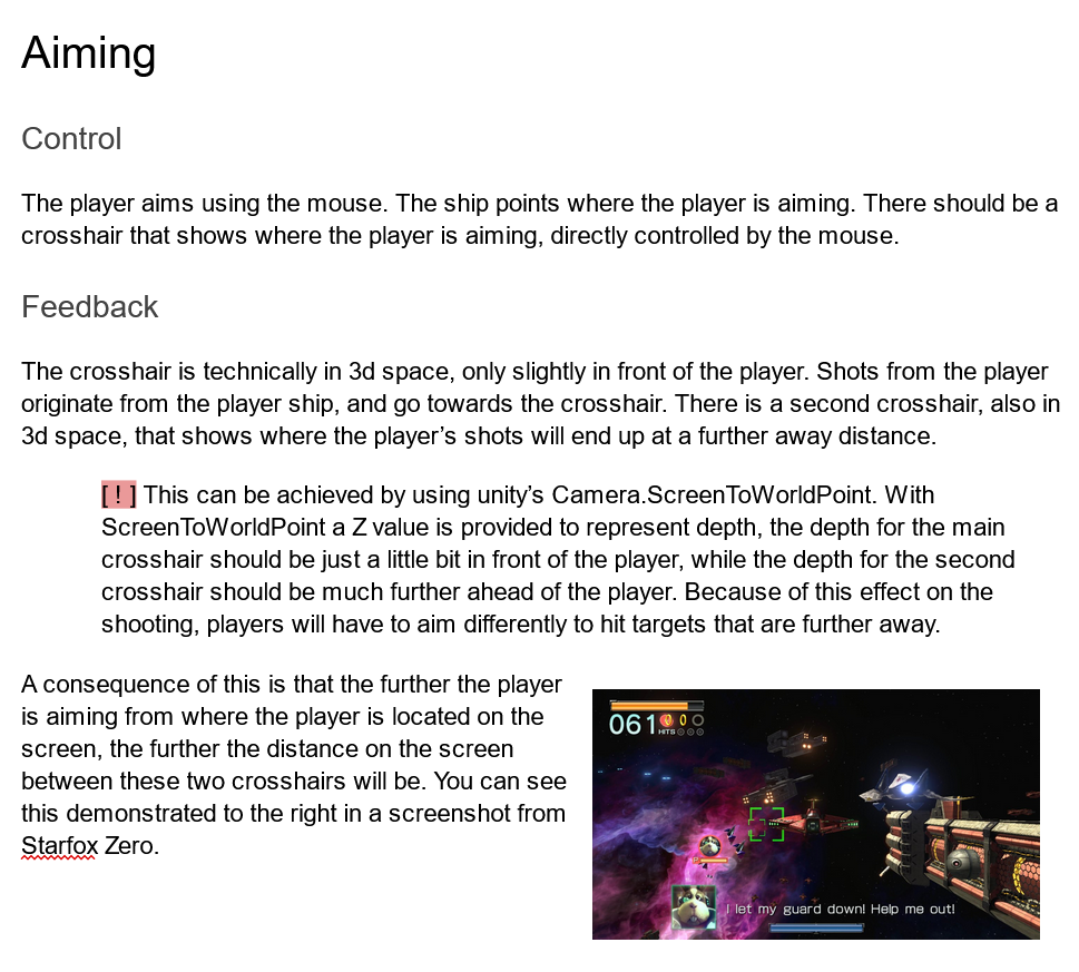 A snippet of the design doc explaining the aiming